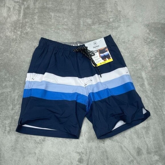 Hurley Mens 18" Stripe Swim Shorts Regular Fit S Navy Blue 6929 - Picture 1 of 5